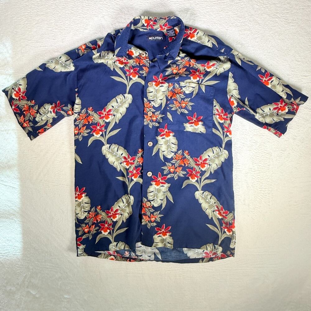 Puritan Mens Blue Tropical Hawaiian Floral Print Short Sleeve Button Up Shirt S